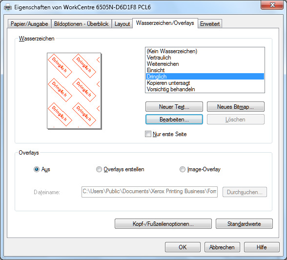 Wasserzeichen: Zum Druck von überlagertem Text.