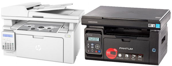 Sind sich äußerlich recht ähnlich: Links der neue HP Laserjet Pro M130fn in weiß und rechts der Pantum M6500W Pro in Schwarz.