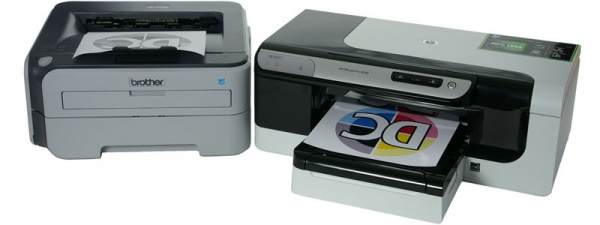 Brother HL-2150N compared to HP Officejet Pro 8000: Cheap mono laser printer with network versus simple, fit-for-office ink printer.