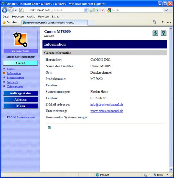 Vergleichstest Farblaser-AIO 2011 Canon i-Sensys MF8050Cn Screenshot Webserver