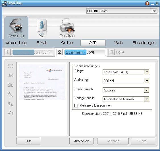 Vergleichstest Farblaser-AIO 2011 Samsung CLX-3185FN Screenshot OCR SmarThru