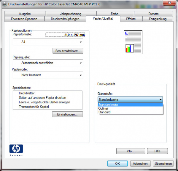 Qualität: Mit wenigen Klicks sind alle benötigten Papier- und Qualitätseinstellungen erledigt.