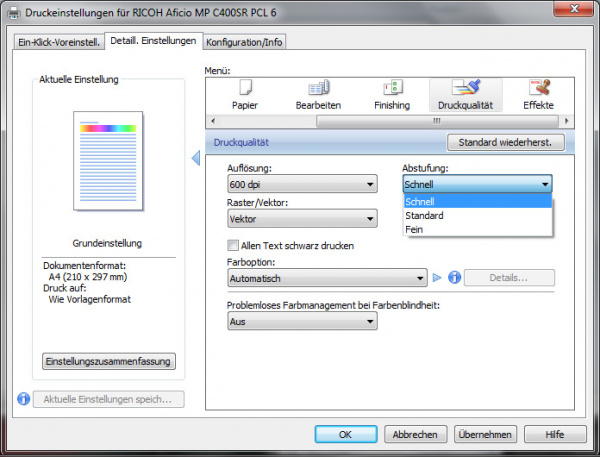 Schnelldruck: In den Qualitätseinstellungen wird der Tonersparmodus aktiviert.