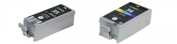 Canon-Tintenpatronen: Schwarz PGI-35 und Farbe CLI-36. Beide Patronen mit Chip und LED.