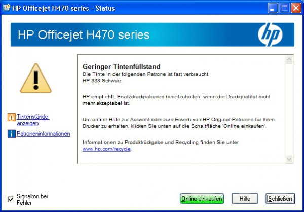 No more ink: HP doesn´t know, if the cartridge is empty and just gives you a warning.