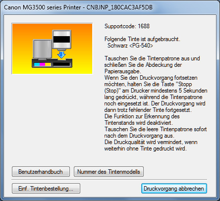 VGLTiMufu13 Canon Pixma MG3550 Screenshot Tinte leer