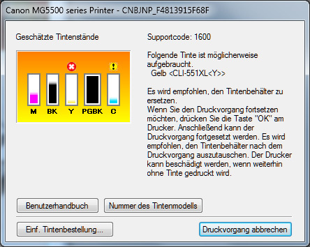 VGLTiMufu13 Canon Pixma MG5550 MG7150 Screenshot Tinte leer