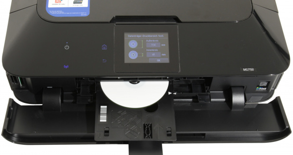 Canon Pixma MG7150: Kann CDs-Labels direkt kopieren oder von einer gestalteten PC-Vorlage drucken - der CD-Caddy befindet sich an der Unterseite der Fotokassette.