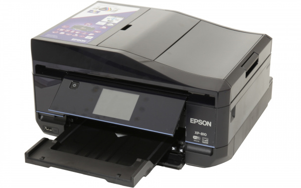Epson Expression Premium XP-810: Die Papierablage fährt automatisch aus dem Drucker - beim Ausschalten kann der Drucker sie auch automatisch einziehen.
