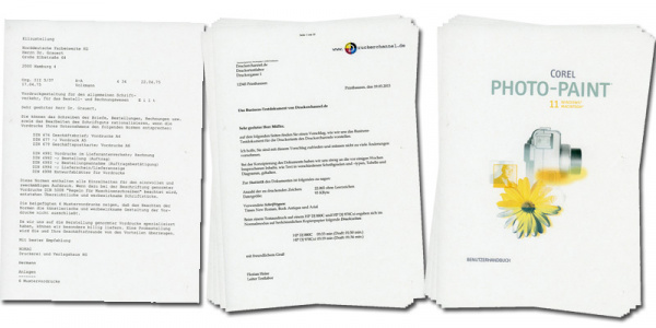 Testdokumente für den Textdruck (von links): Dr. Grauert-Testbrief, der Druckerchannel-Business-Brief und das 100seitige PDF.