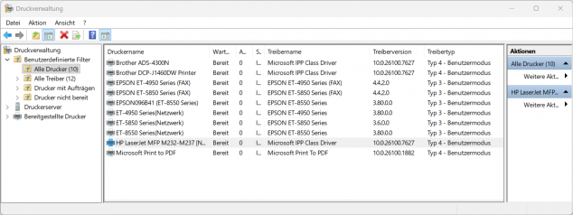 Windows 11 Druckerverwaltung zeigt Treibertyp