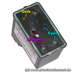 Farbpatrone Nr. 26 und 27: Vorne Gelb, links Magenta, rechts Cyan.