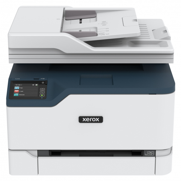 Xerox C235: Mittelklassiger Farblaser mit Scanner und Fax. Mehrseitige Originale können lediglich in Simplex eingelesen werden.