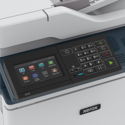 Bedienpanel: Touchscreen mit Nummernfeld für Kopienanzahl oder Faxnummern.