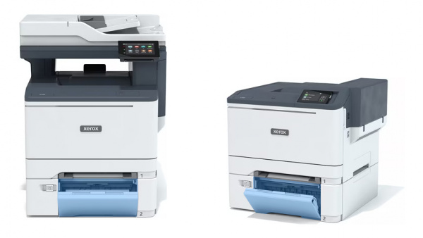 Duo-Kassette: Die Option gibt es sowohl für das Multifunktionsgerät als auch für den Drucker. Blau markiert ist die integrierte Universalzufuhr für bis zu 100 Blatt.