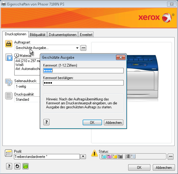 Xerox Phaser 7100 Screenshot Treiber PIN Code geschutzter druck