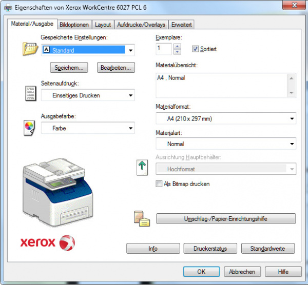 Xerox Workcentre 6027: Registerkarte "Material/Ausgabe"...