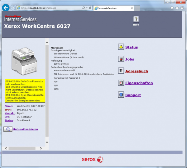 Xerox-Webserver: Auf der Startseite findet man ein paar technische Daten und Standort-Infos...