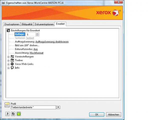Gespart: Xerox verzichtet bei den erweiterten Funktionen auf eine grafische Darstellung der Möglichkeiten.